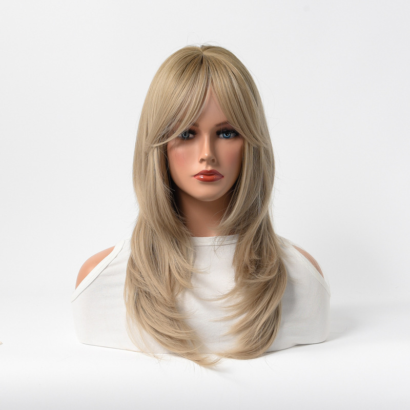 Natural Long Wavy Heat Resistant Fiber Synthetic Wig Ombre Grey Golden for Women