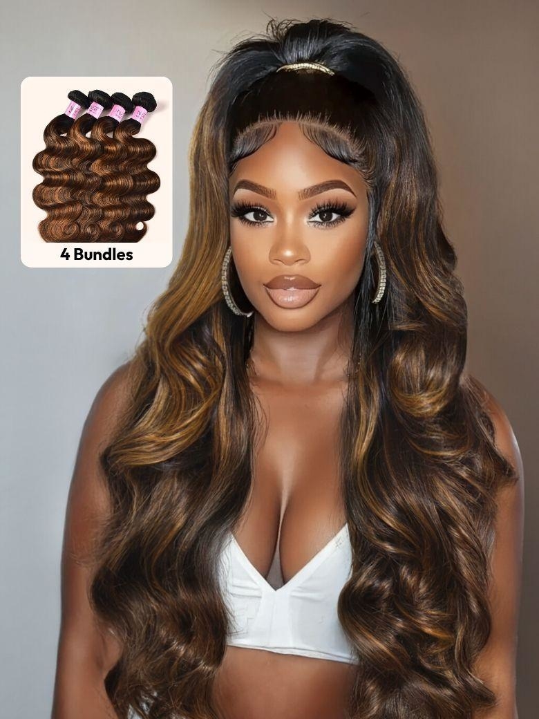 UNice Classic Brown Highlight 100% Human Hair Body Wave Bundles 8-30 Inch Length for Multi-Occasion Styling
