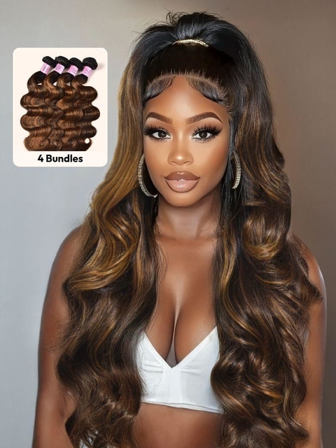 UNice Classic Brown Highlight 100% Human Hair Body Wave Bundles 8-30 Inch Length for Multi-Occasion Styling