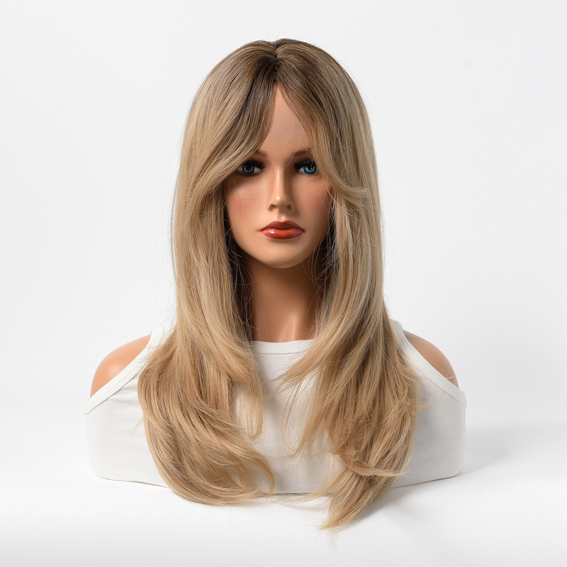 Soft Silk Blonde Medium Length Full Head Wig with Center Parted Bangs for Women